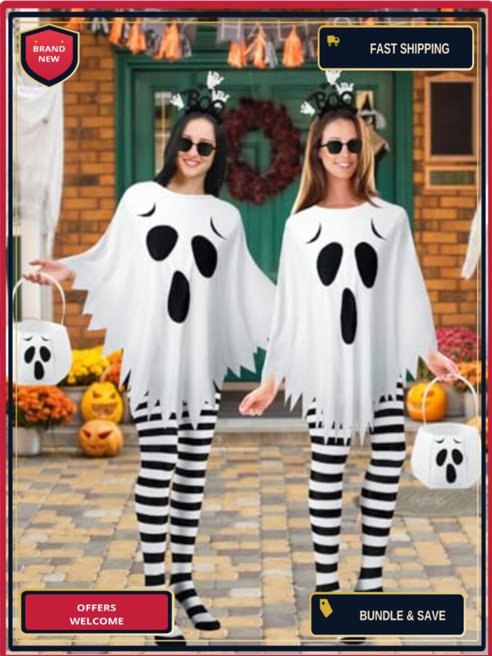 5 Pc Ghost Halloween Costume Kit Poncho Headband Tights Candy Bag Cosplay - Picture 6 of 6